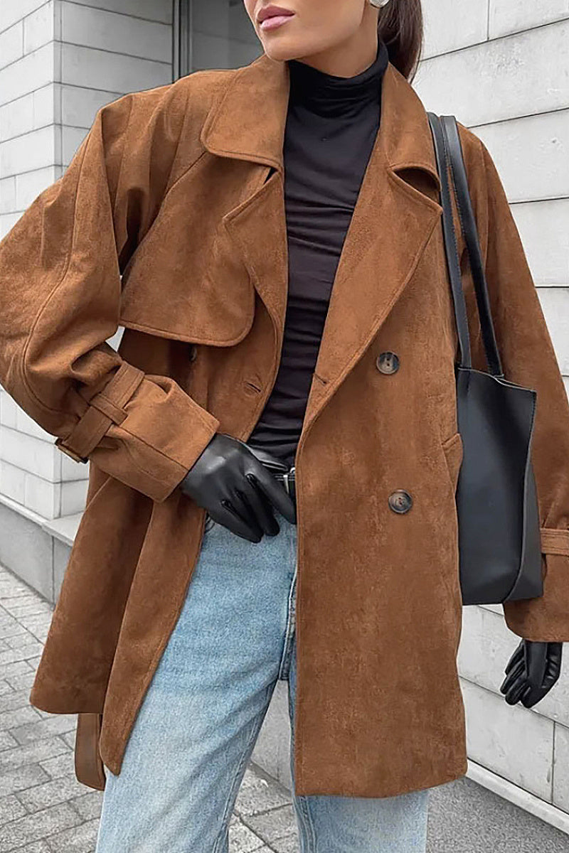 Brown Double-Breasted Suede Coat for Women