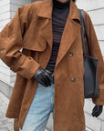 Brown Double-Breasted Suede Coat for Women