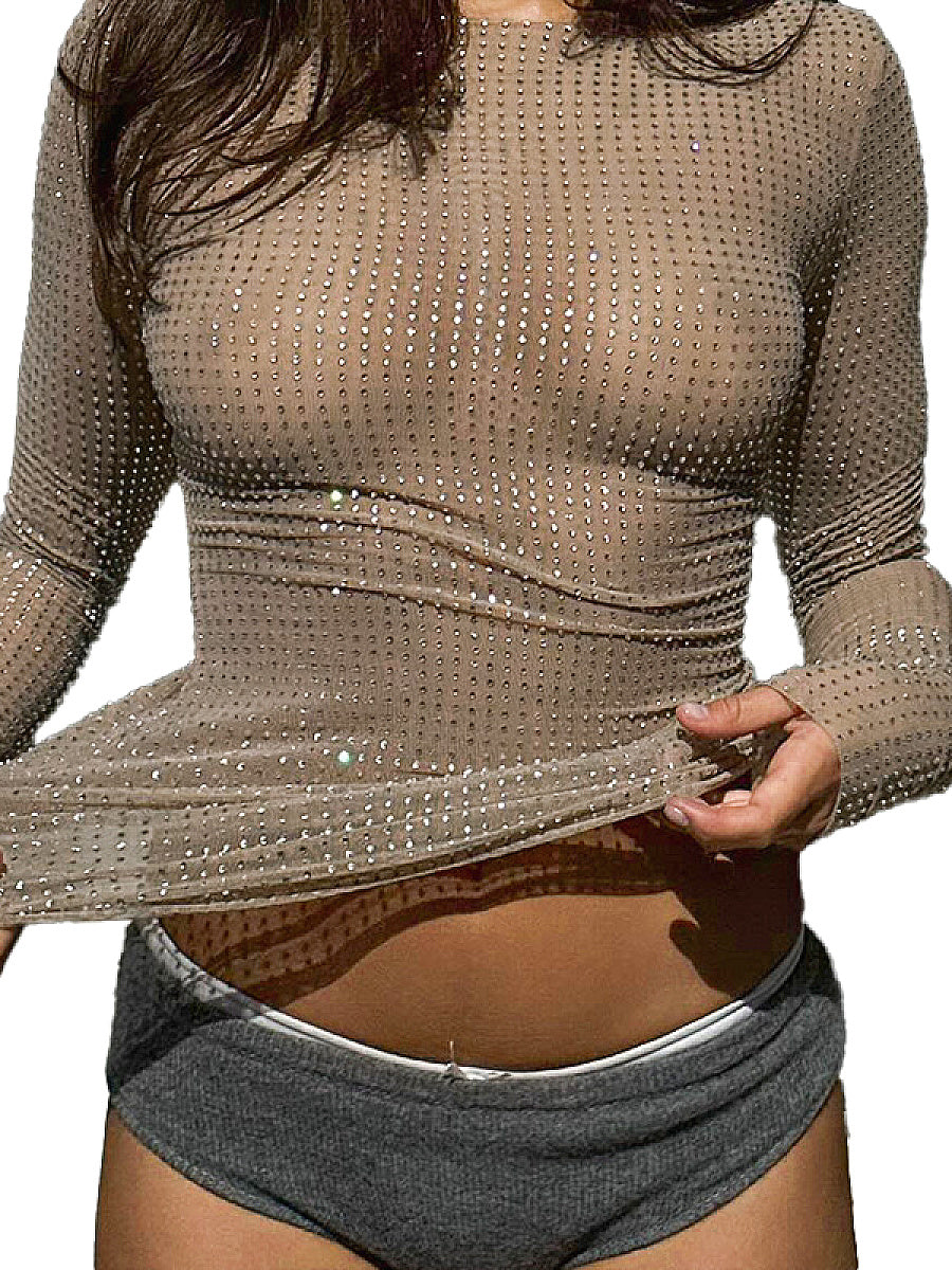 Round Neck Long Sleeve Top with Rhinestones