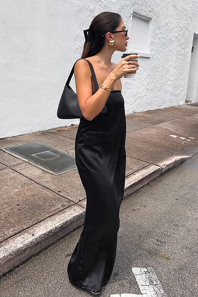 Elegant Black Satin Strapless A-Line Dress
