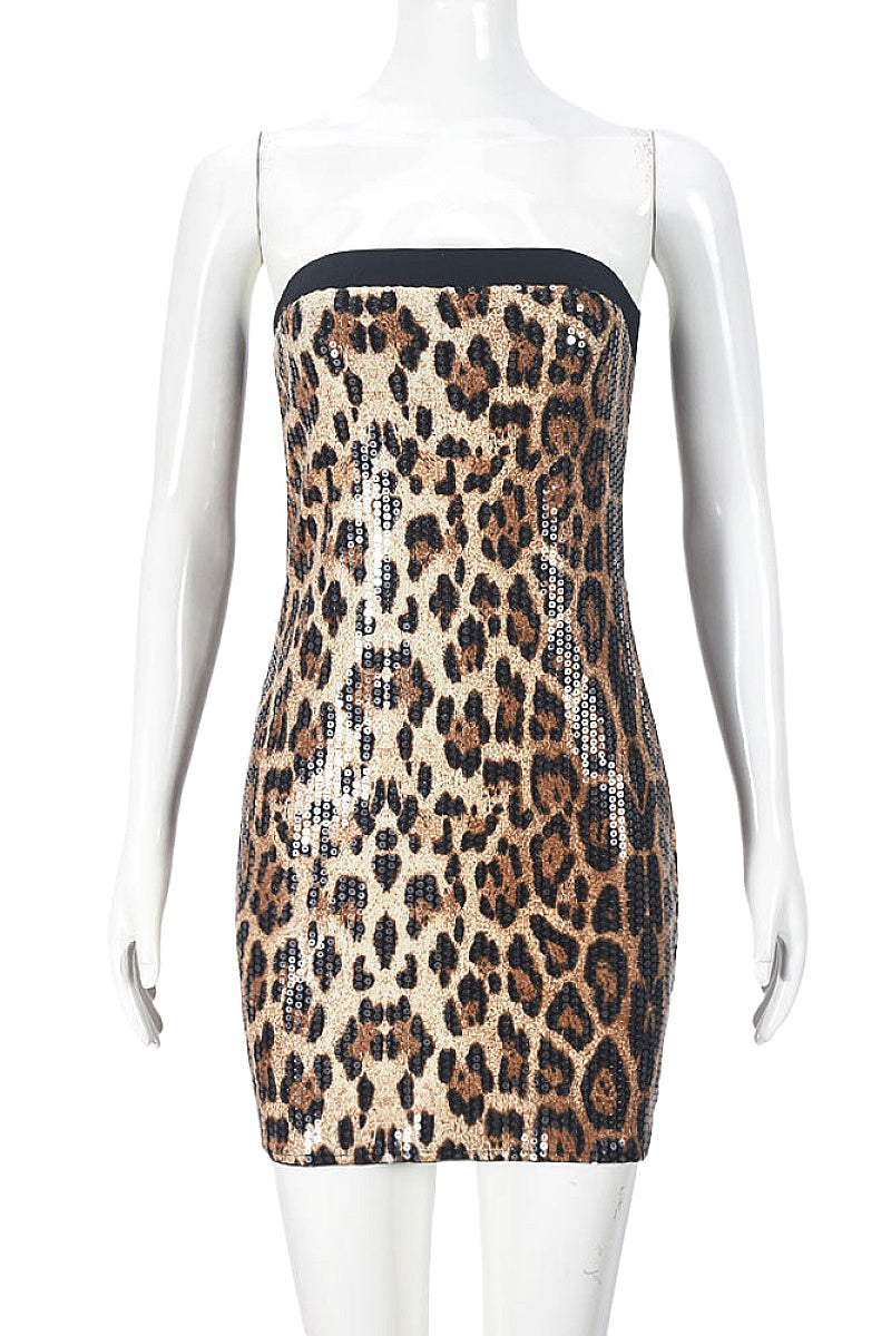 Color Block Sequin Leopard Print Strapless Dress