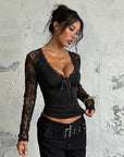 Lace Panel V-Neck Long Sleeve Top