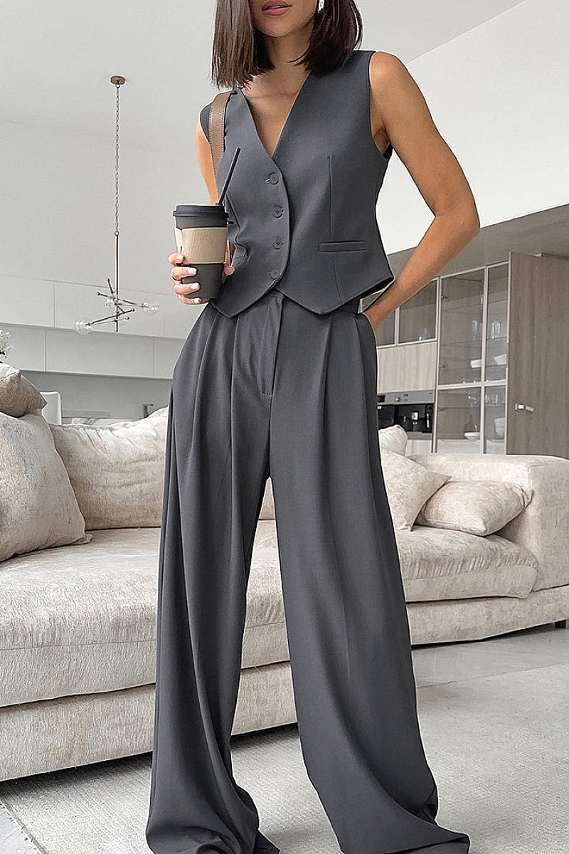 Gray Sleeveless Vest Set for Elegant Commuting