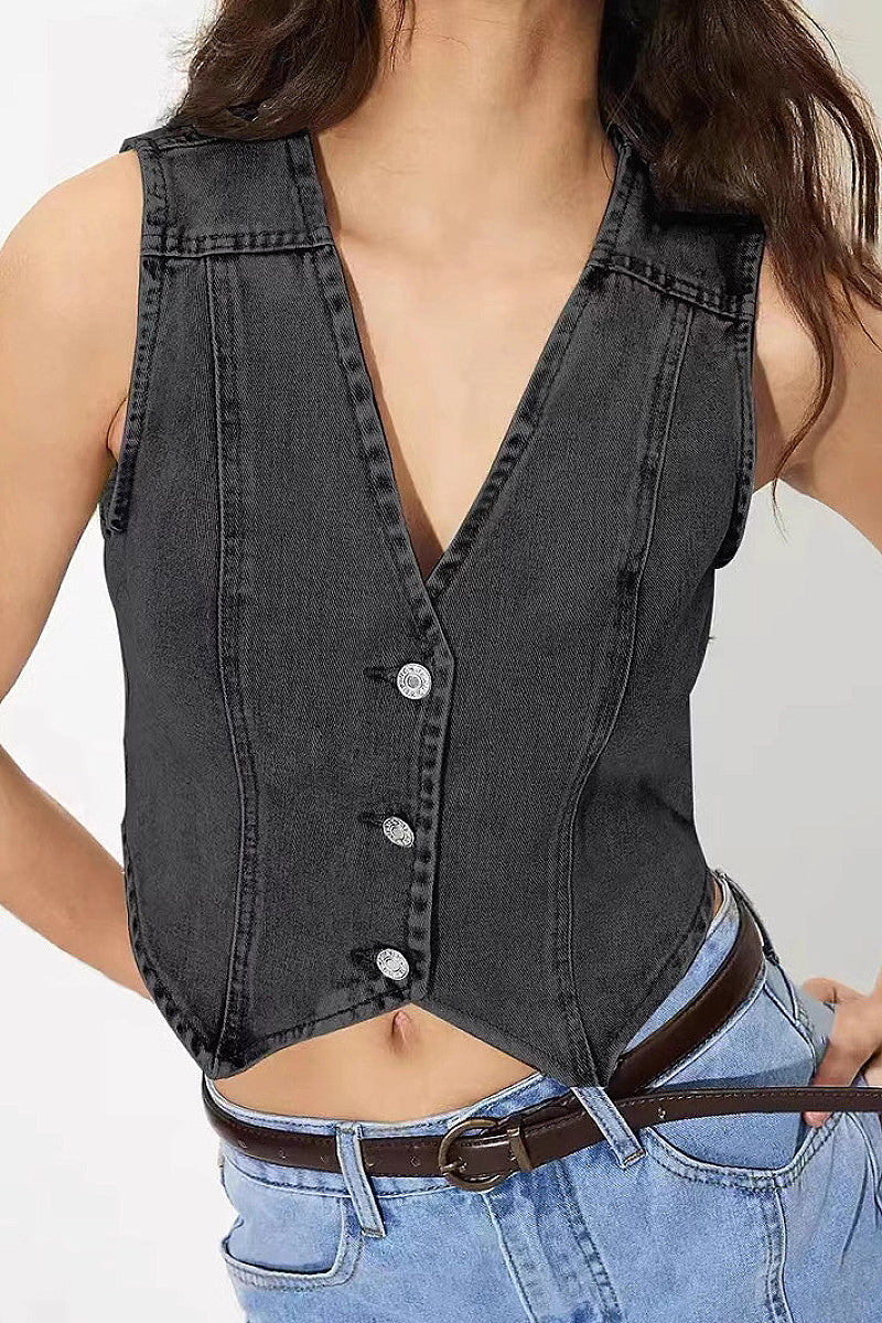 Fashionable Women's V-Neck Denim Vest