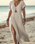 Loose Solid Color V-Neck Short Sleeve Dress