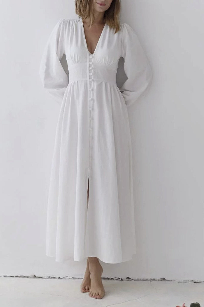 Elegant V-Neck Lantern Sleeve Dress