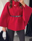 Elegant Winter Women's Cape Coat with Waist Tie