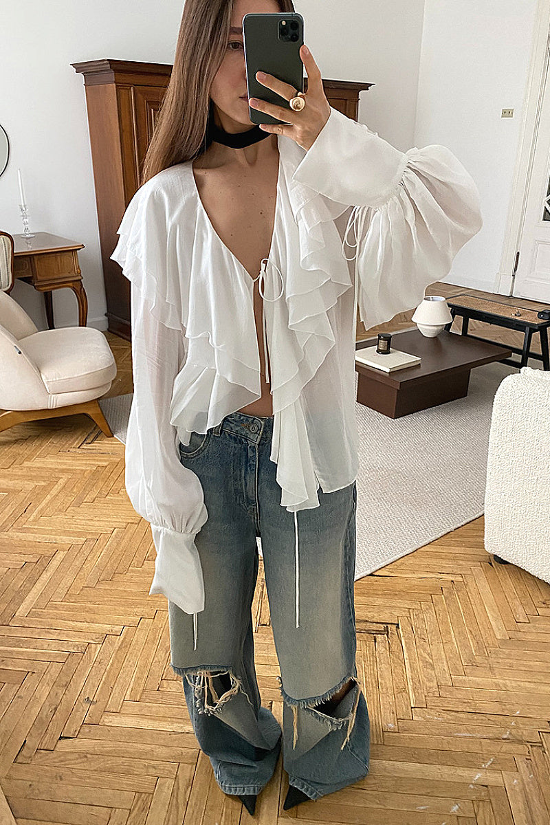 French Design Ruffled Puff Sleeve V-Neck Chiffon Cardigan