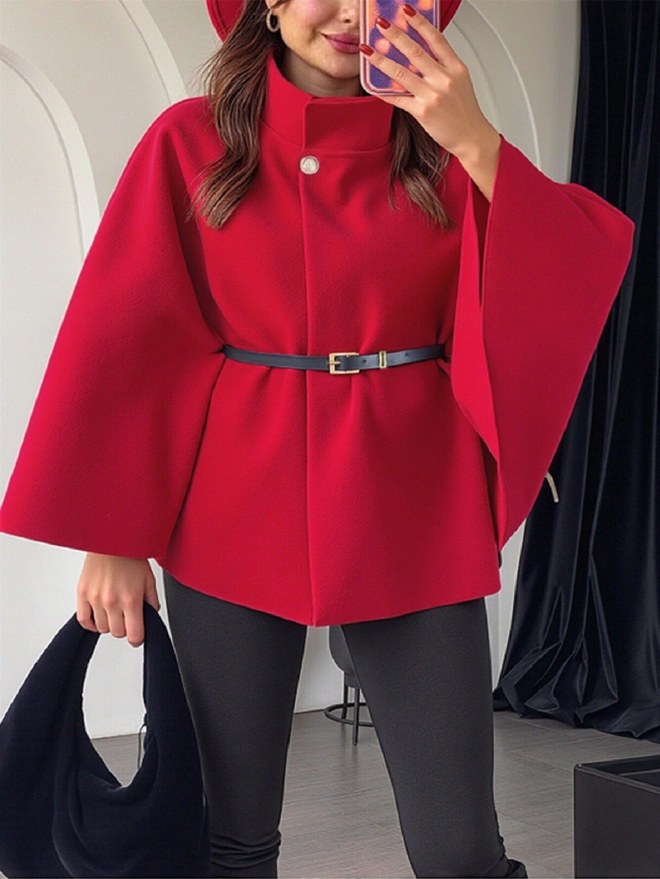 Elegant Winter Women's Cape Coat with Waist Tie