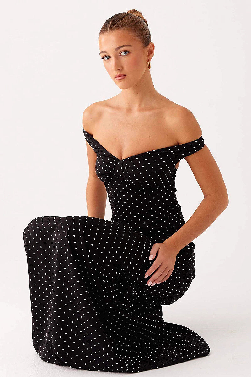 Elegant Polka Dot Strapless Maxi Dress