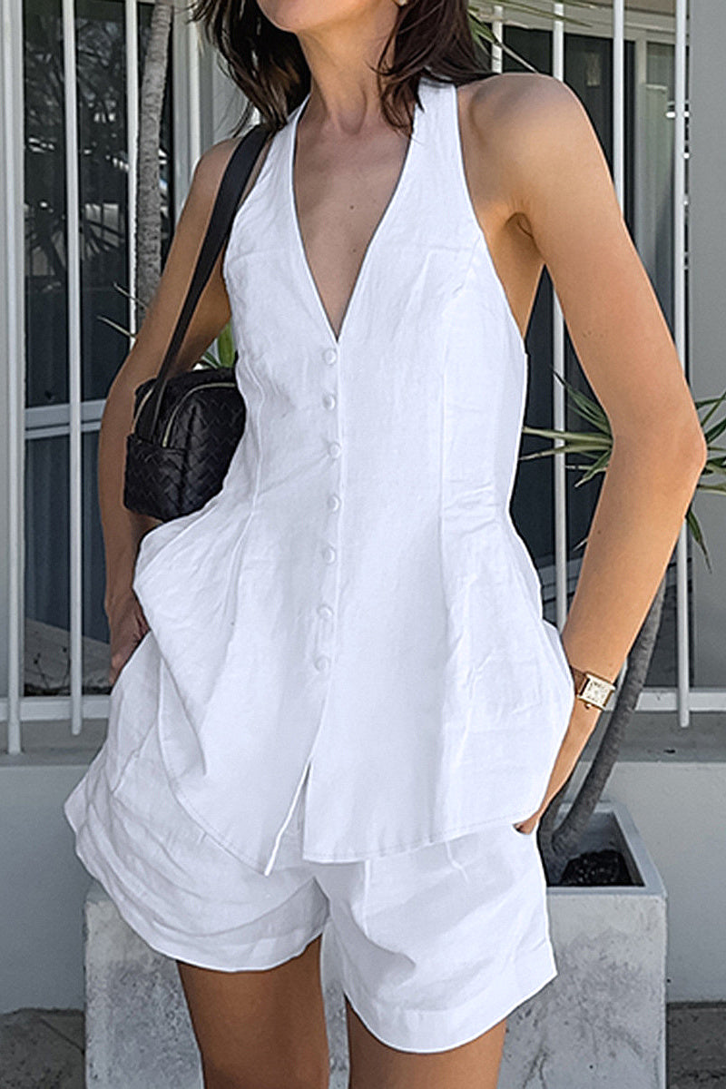French Style White Halter Neck Two-Piece Set