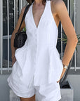 French Style White Halter Neck Two-Piece Set