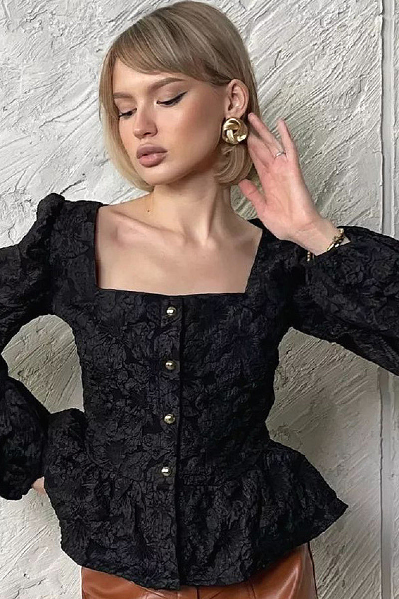 French Style Jacquard Puff Sleeve Shirt