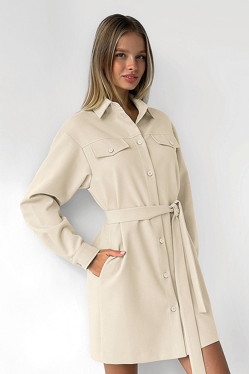 Retro Khaki Work Dress with Belted A-Line Style