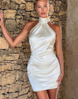New Sexy Backless Halter Satin Mini Dress