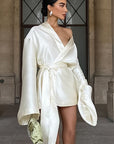 Chic Champagne Satin Tie Waist A-Line Dress