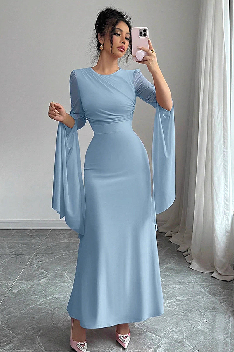 Summer Spliced Mesh Long Dress with Flare Sleeves