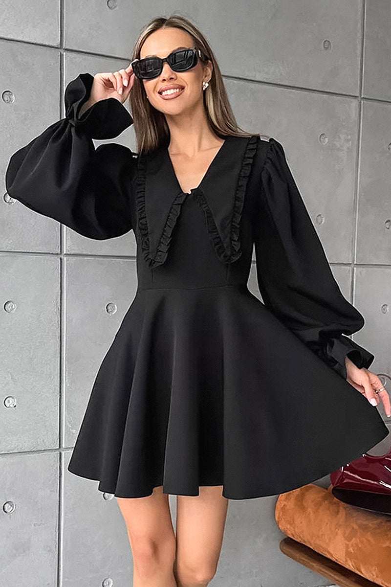 Fashionable Black Doll Collar Dress with Flare Sleeves