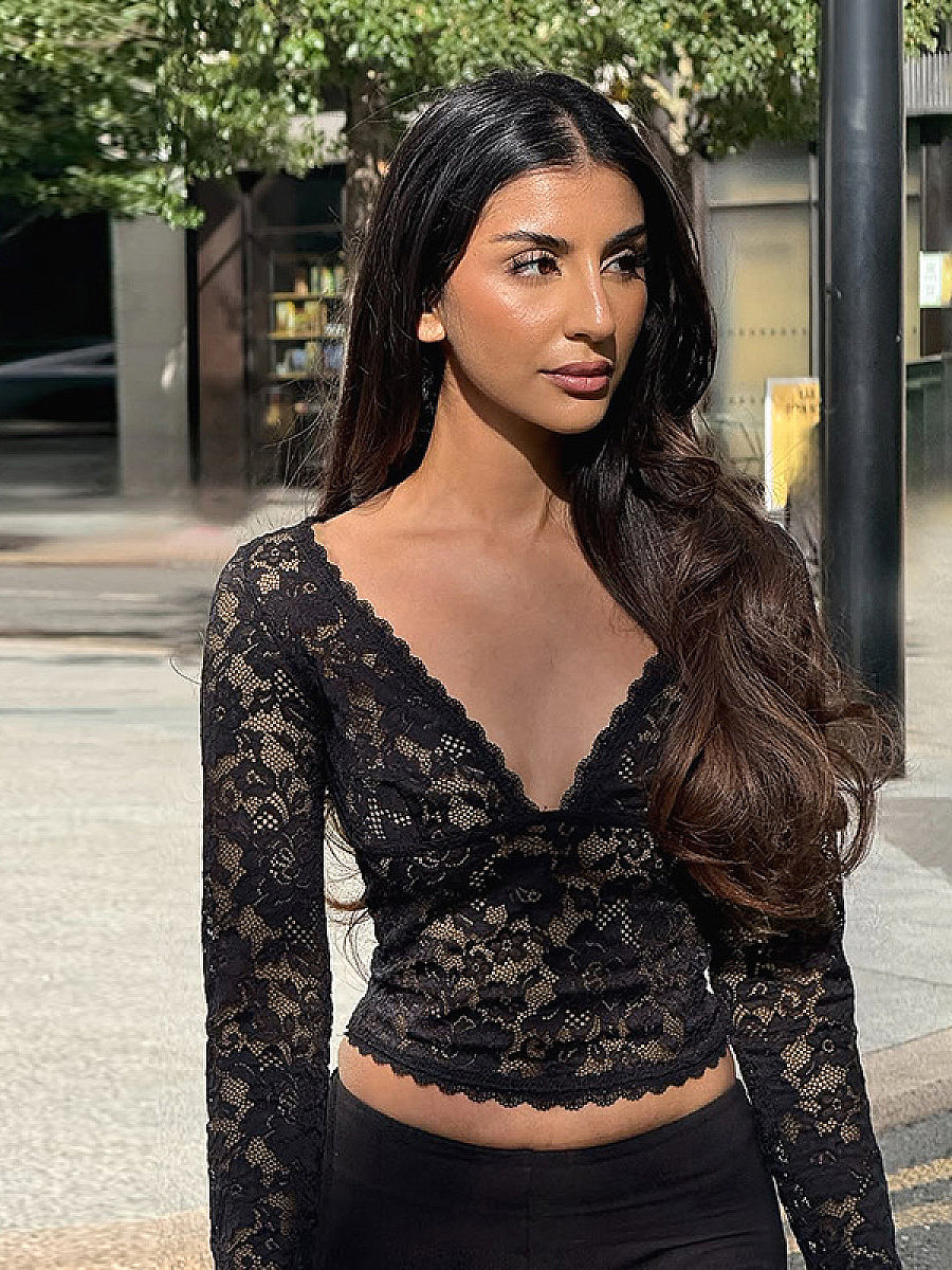 Chic Lace V-Neck Sheer Top for Fall