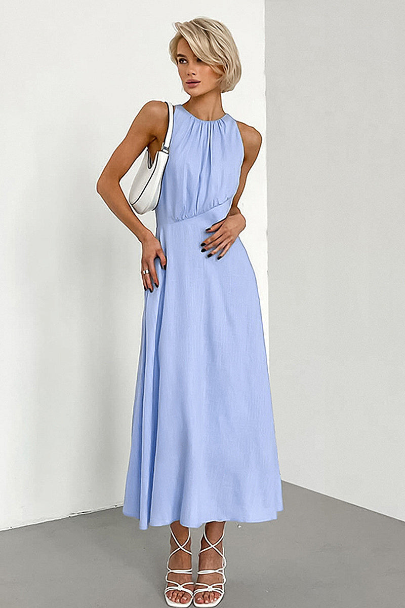 French Style Hollow Waist Cotton Linen Dress