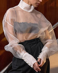 European and American Sheer Long Sleeve Blouse with Puff Sleeves