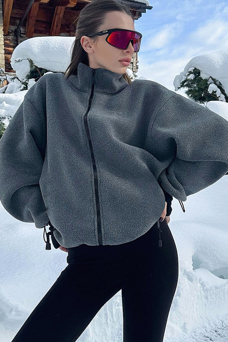Stylish Gray Fleece Stand Collar Jacket for Women