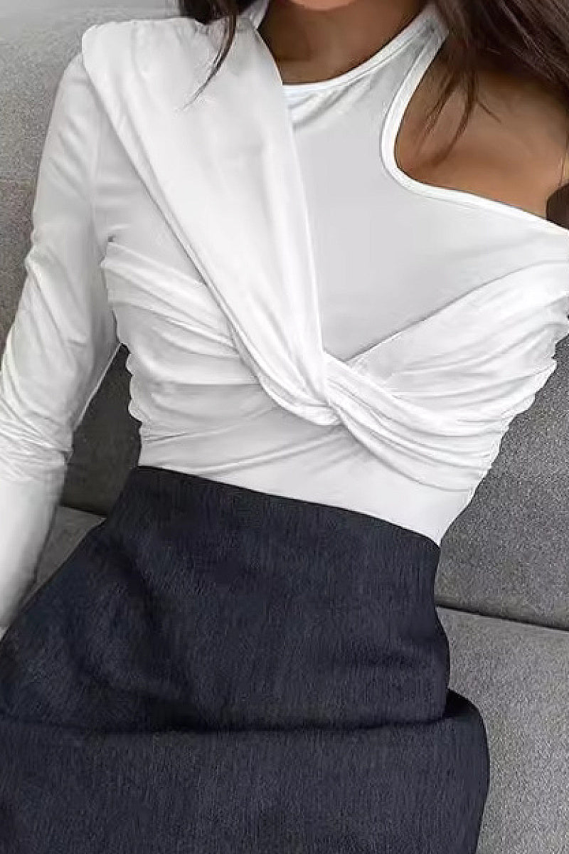 French Style One-Shoulder Slim Fit Long Sleeve Top