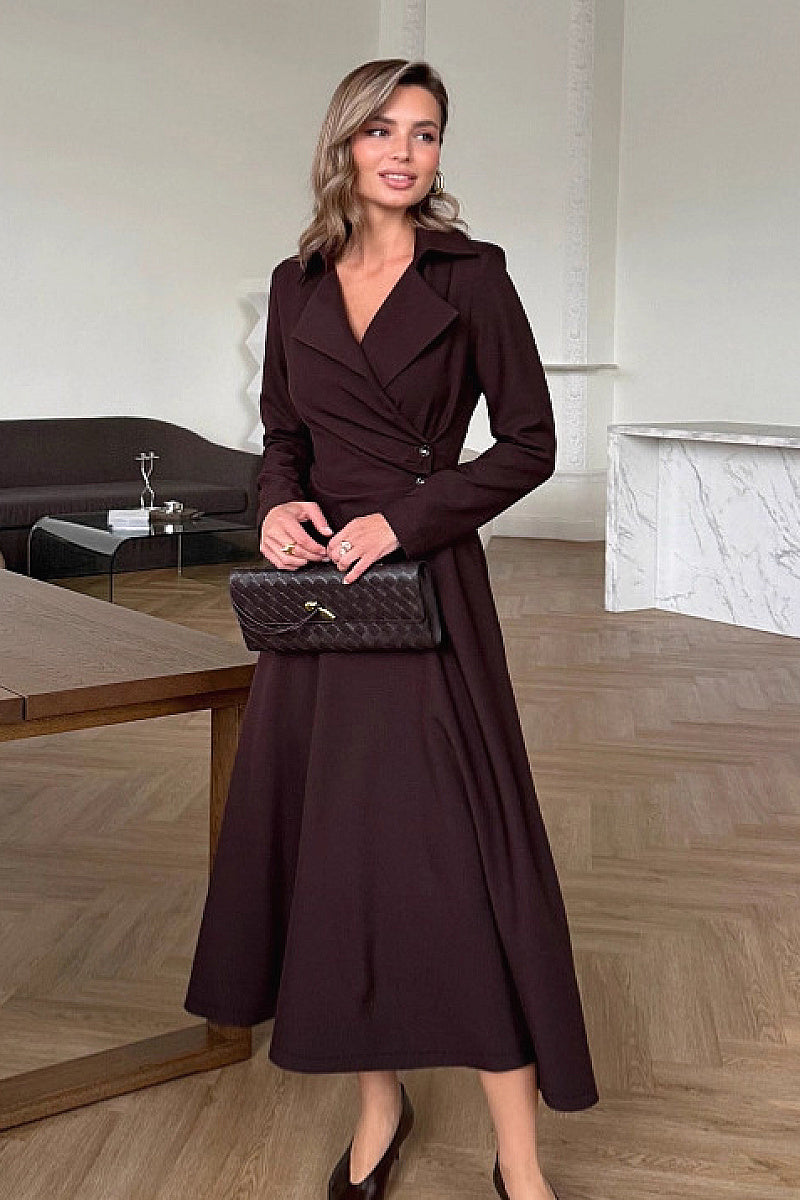 Elegant Brown V-Neck Long Sleeve Dress for Women