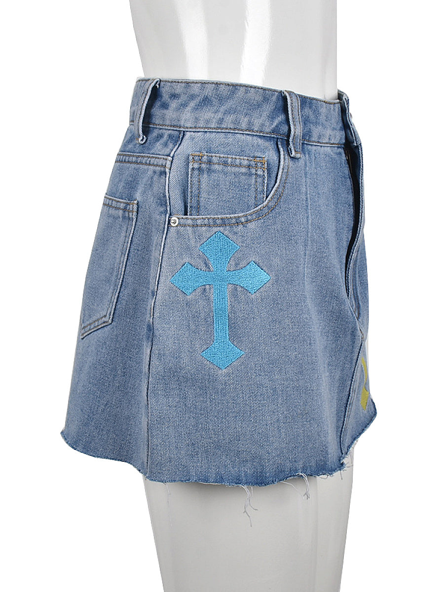High Waist Denim Fringe Skirt with Embroidery