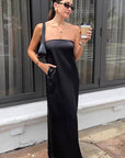 Elegant Black Satin Strapless A-Line Dress