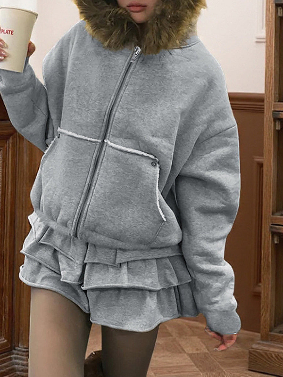 Black Hooded Sweatshirt with Fur Collar for Women