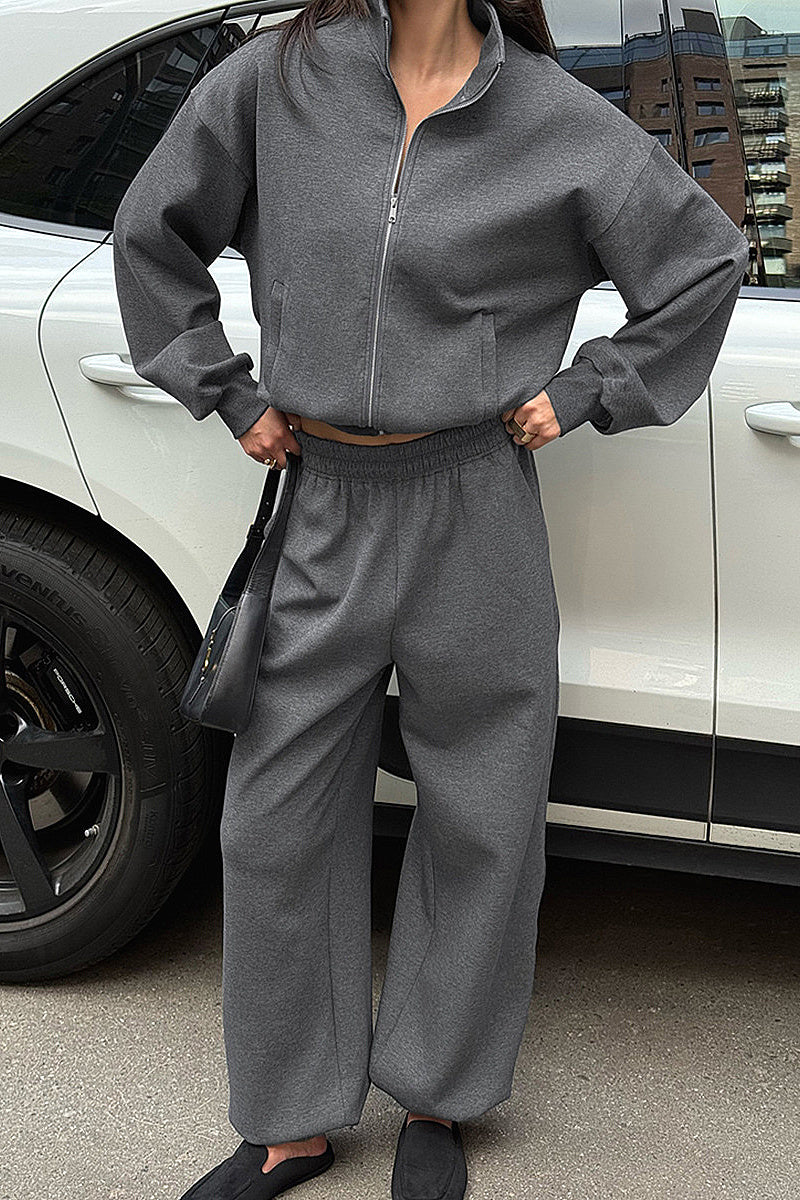 Fashion Casual Gray Hoodie Set for Women