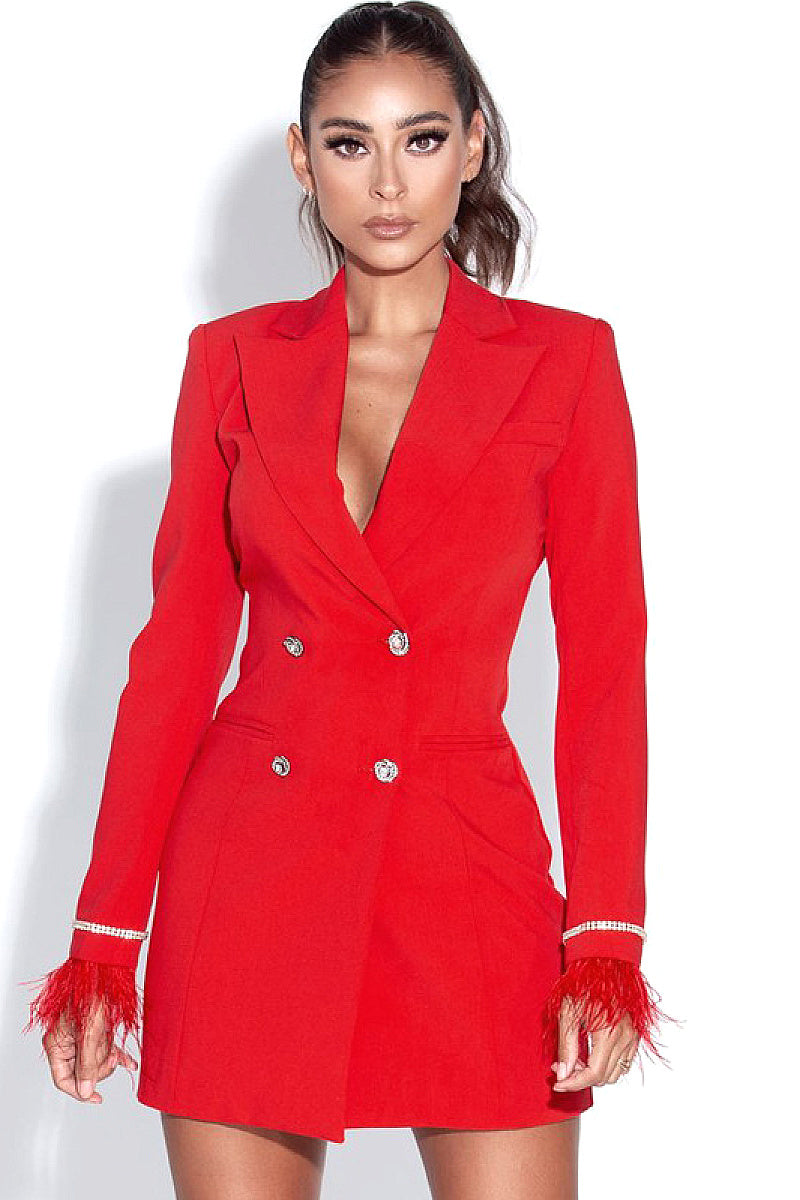 Elegant Double-Breasted Feather Sleeve Blazer Dress