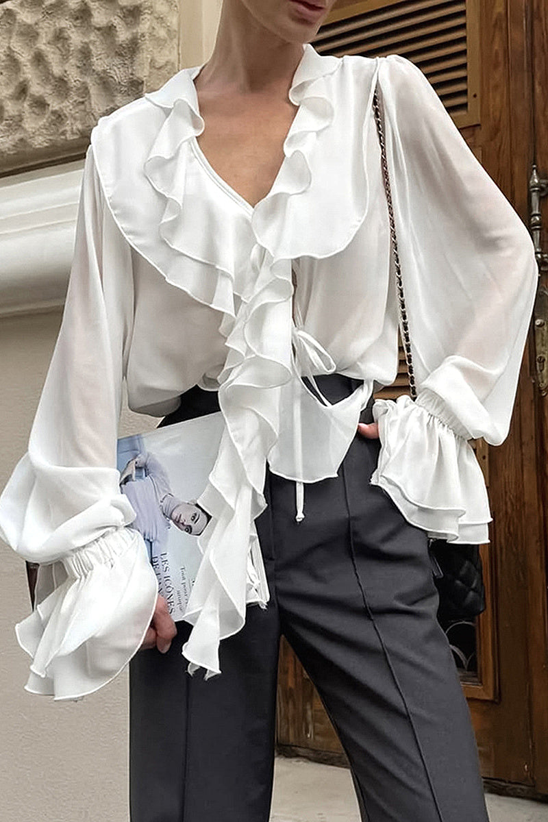 French Style Chiffon Ruffle Blouse for Women