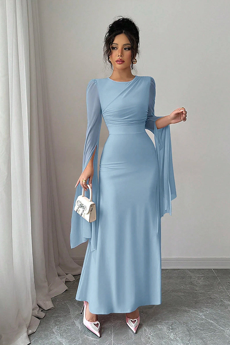 Summer Spliced Mesh Long Dress with Flare Sleeves