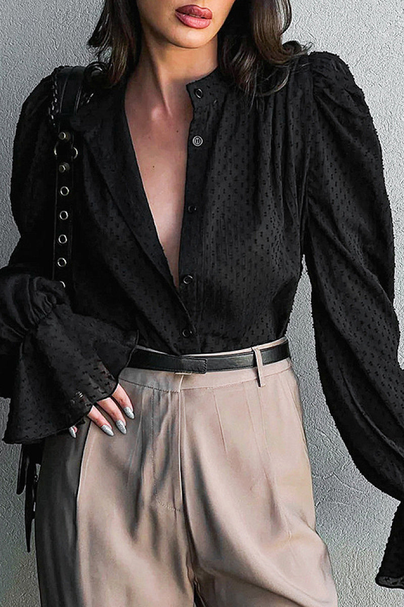 French Jacquard Puff Sleeve Shirt for Casual Style