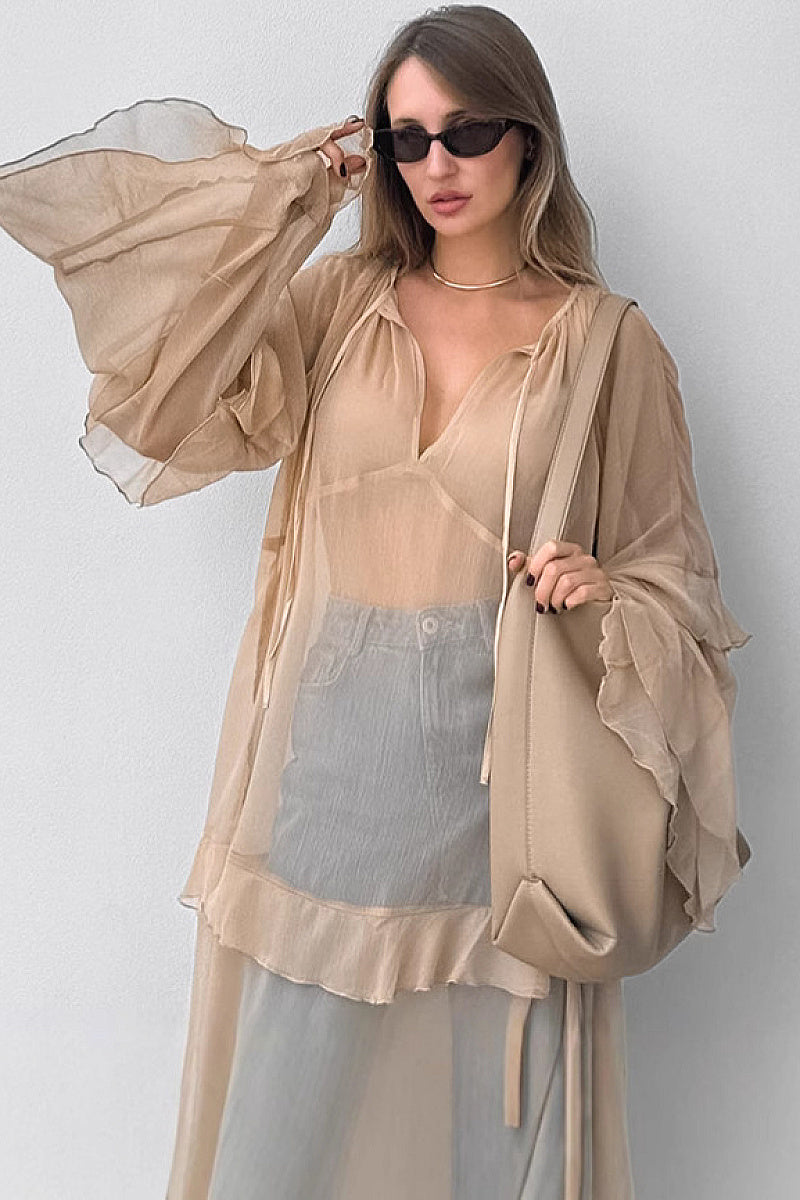 Khaki Ruffle Sleeve Maxi Dress for Spring and Summer