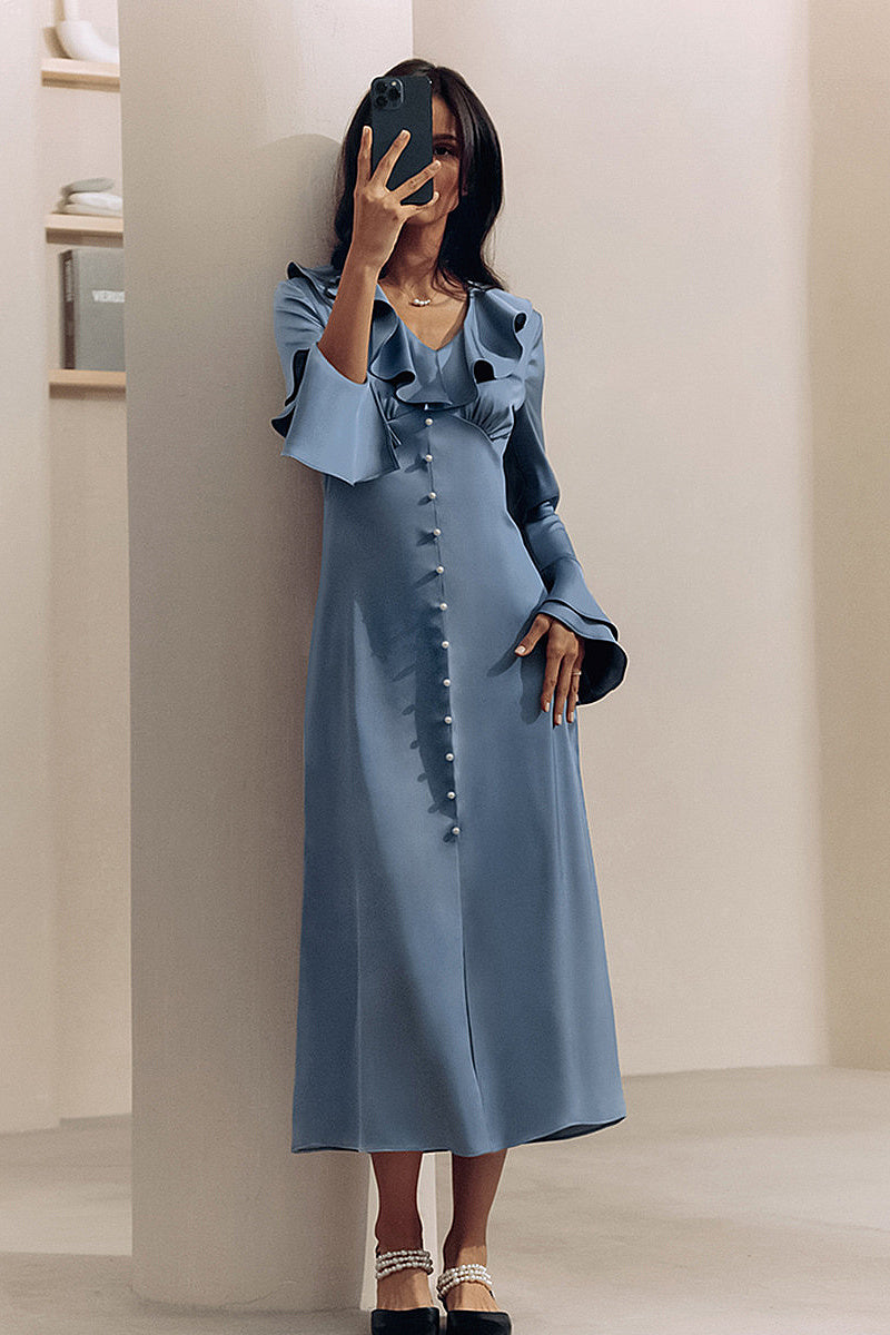 Spring French Blue Satin Dress with Ruffles