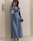 Spring French Blue Satin Dress with Ruffles