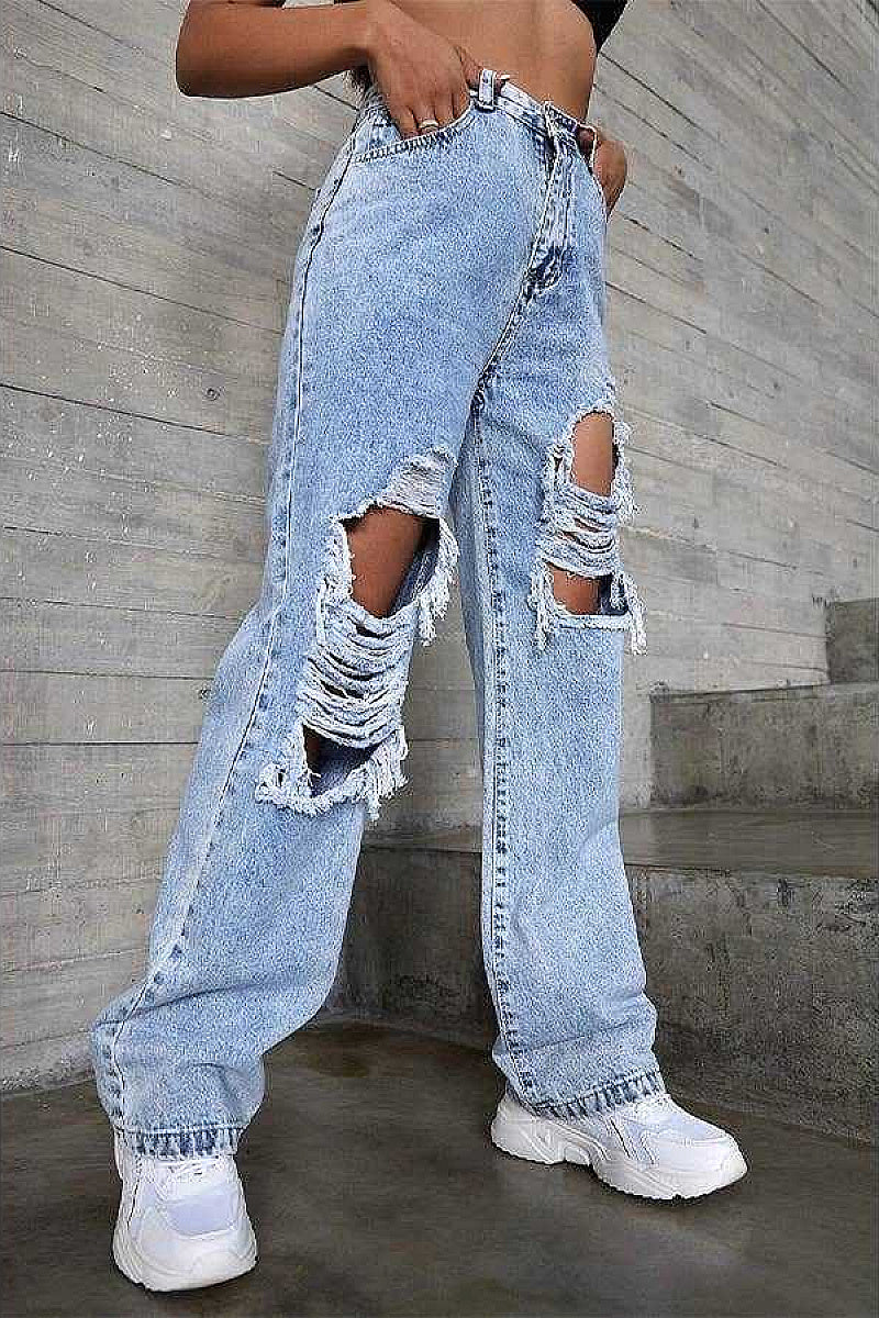 High Waist Ripped Straight Leg Jeans for Women
