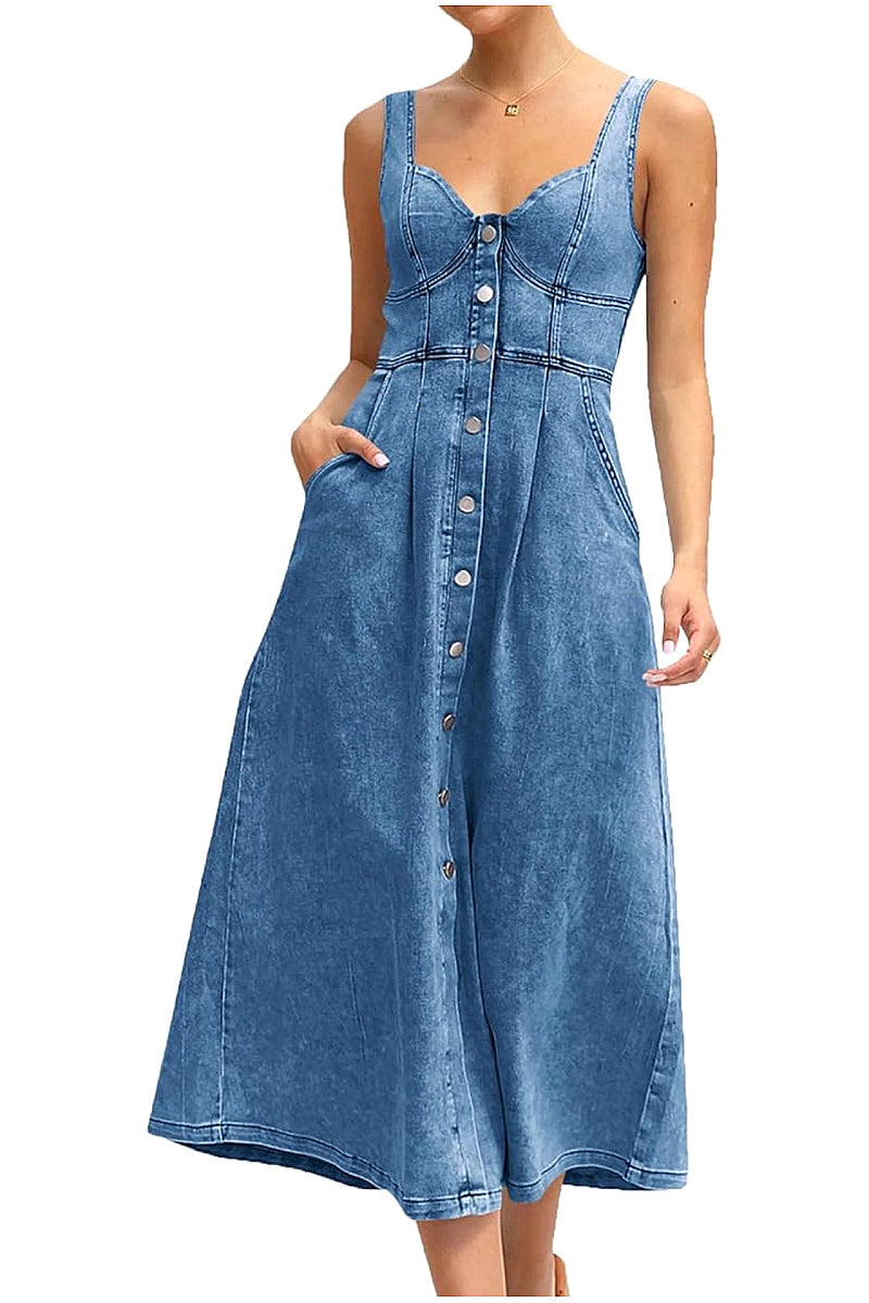 Summer Women's Blue Denim Button-Down Dress