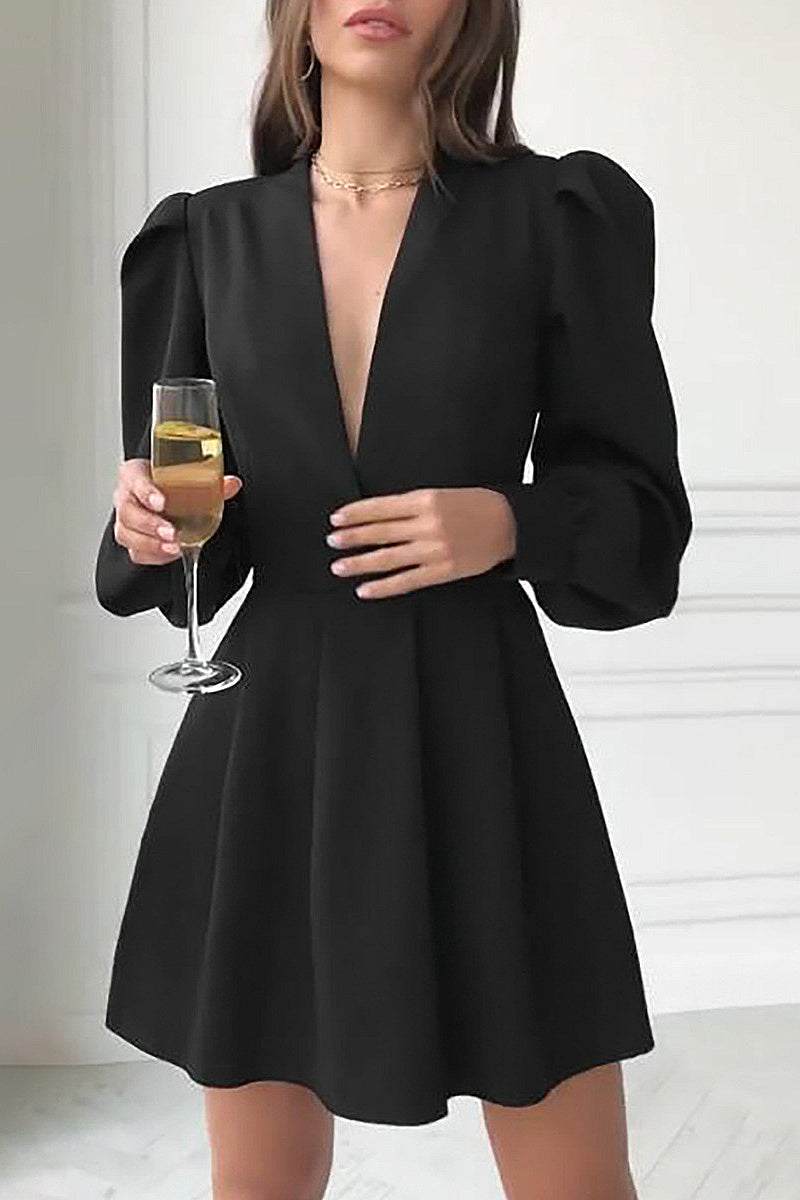French Style Elegant Black V-Neck Dress for Women