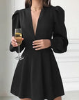 French Style Elegant Black V-Neck Dress for Women
