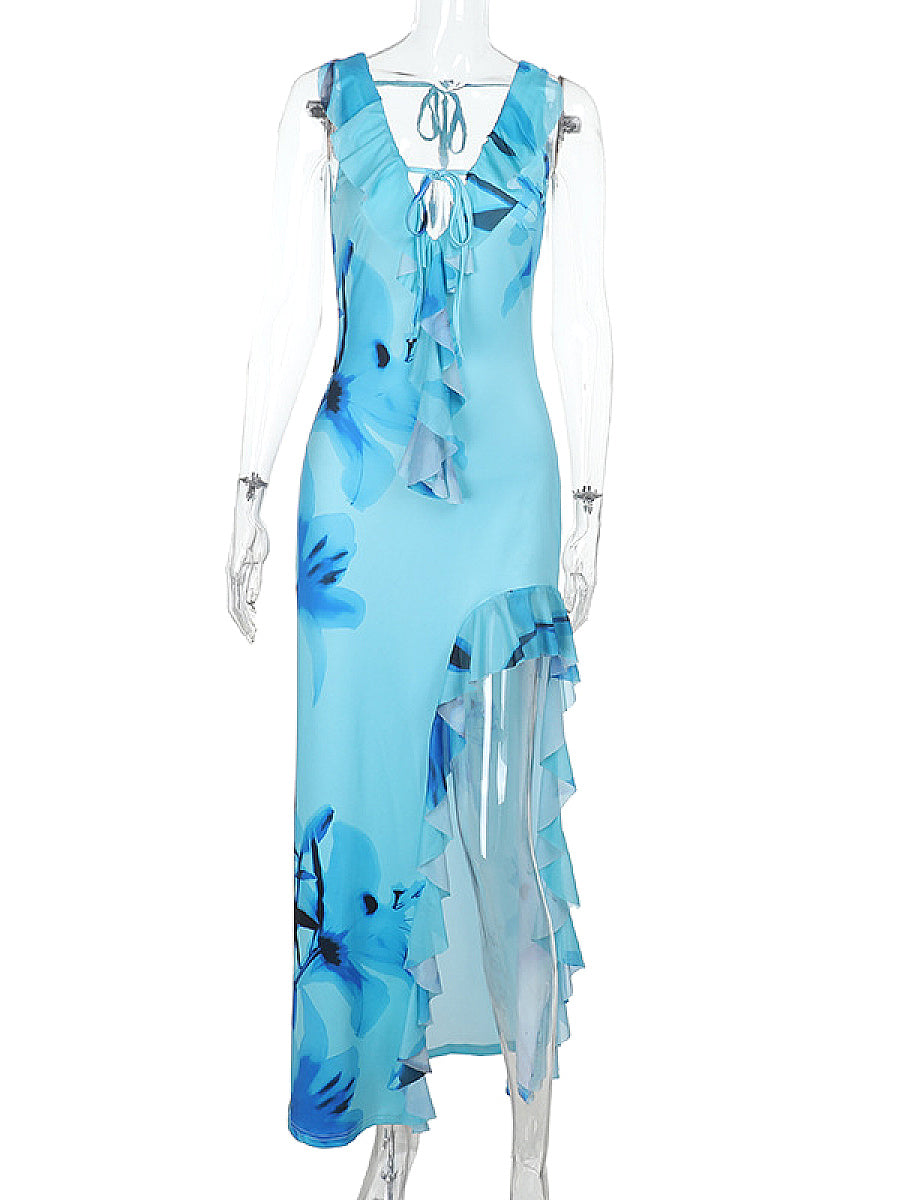Vacation Floral V-Neck Ruffled Dress