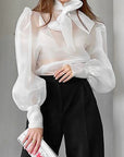 Spring Elegant French Sheer Bow Mesh Top