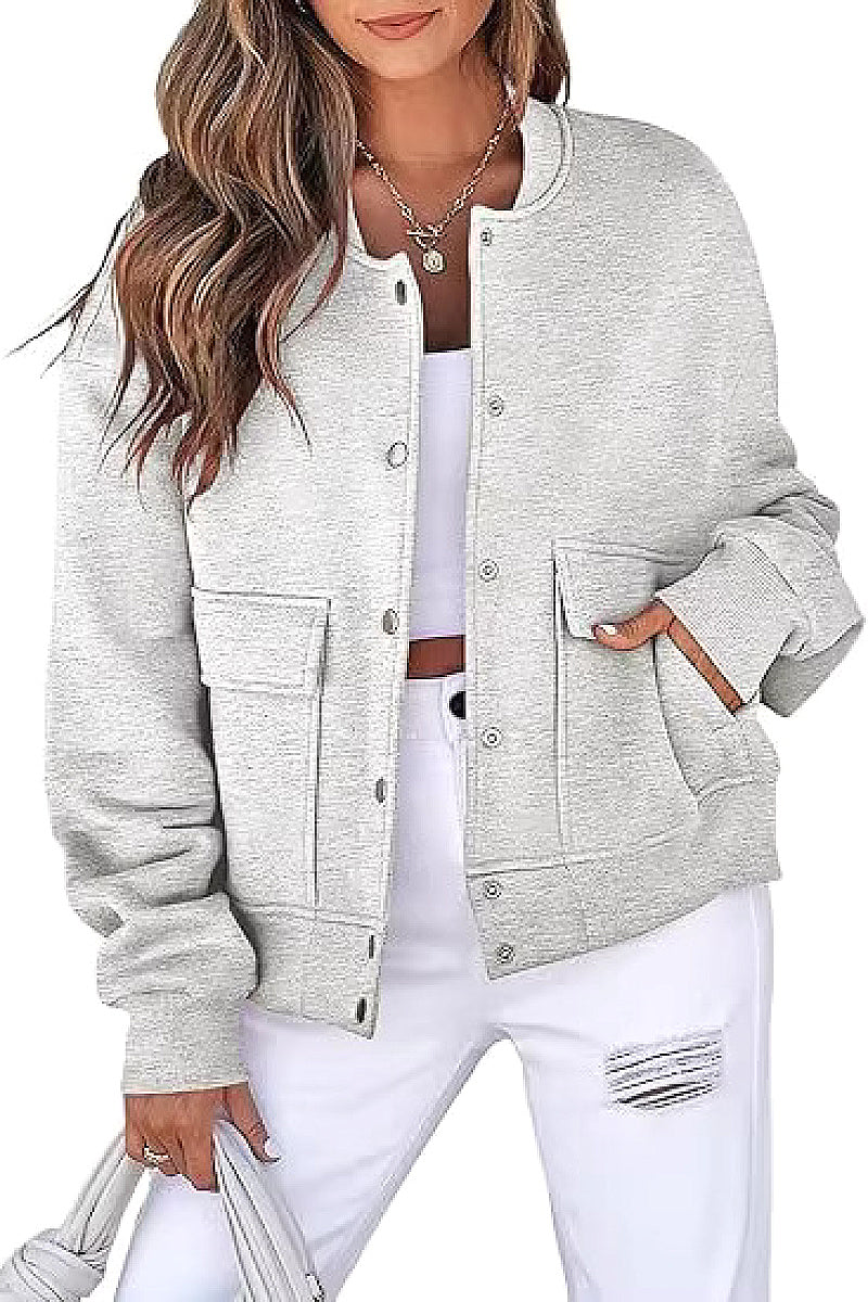 Fashionable Round Neck Short Jacket with Pockets