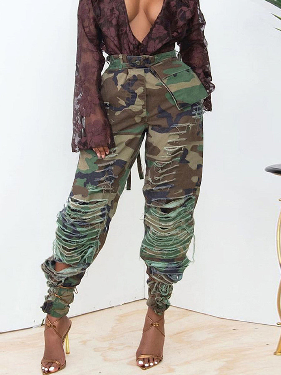 Camouflage Slim Fit Ripped Casual Pants
