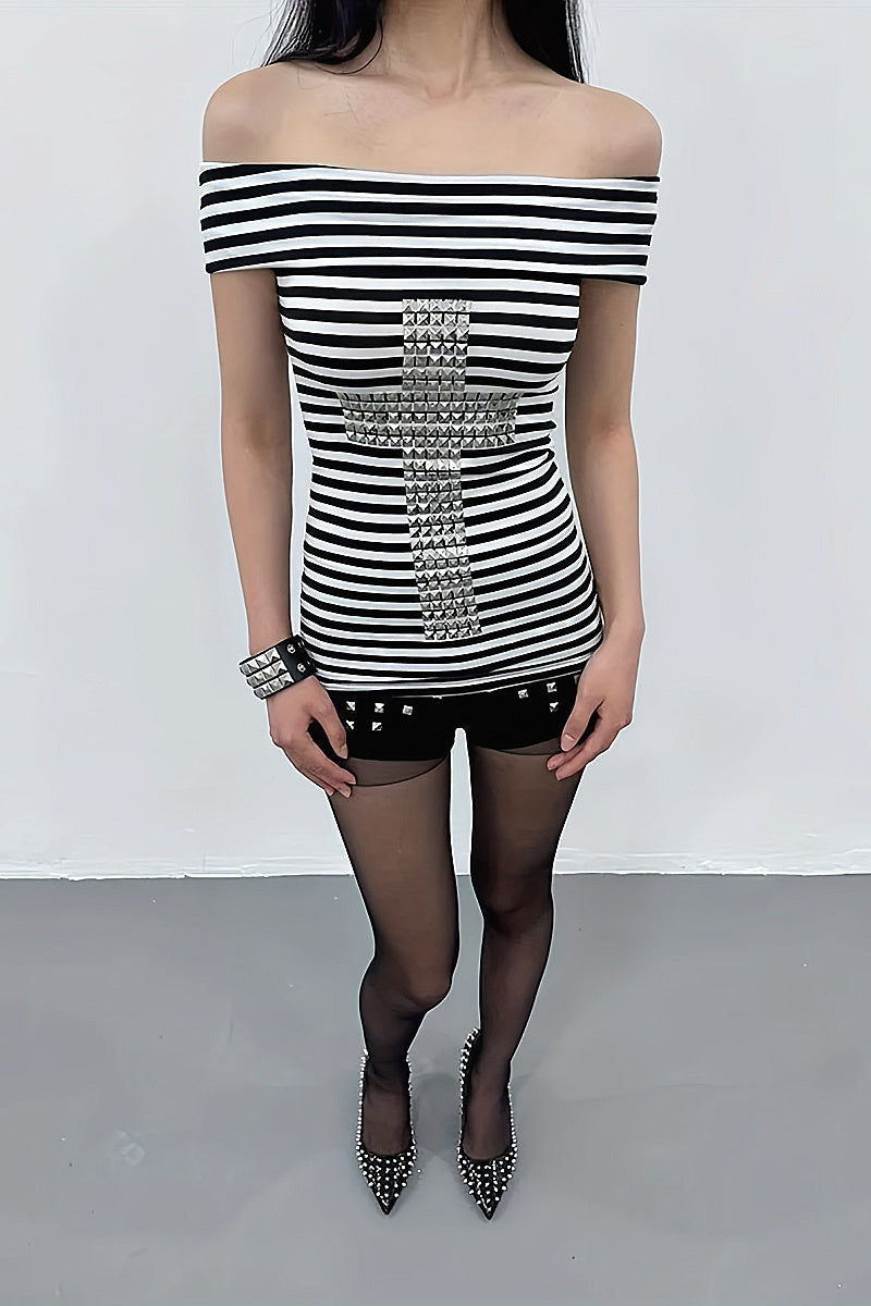 Summer Short Sleeve Off-Shoulder Striped Top