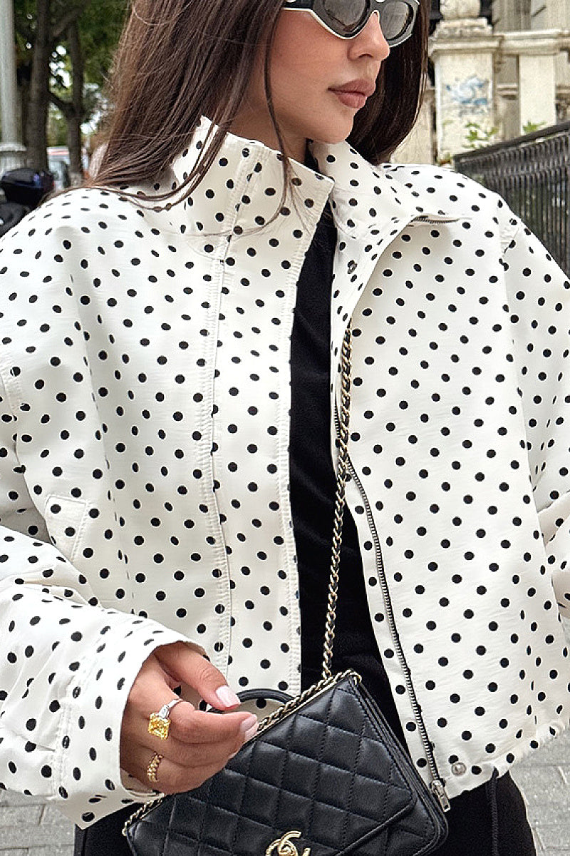 Chic White Polka Dot Stand Collar Jacket for Women