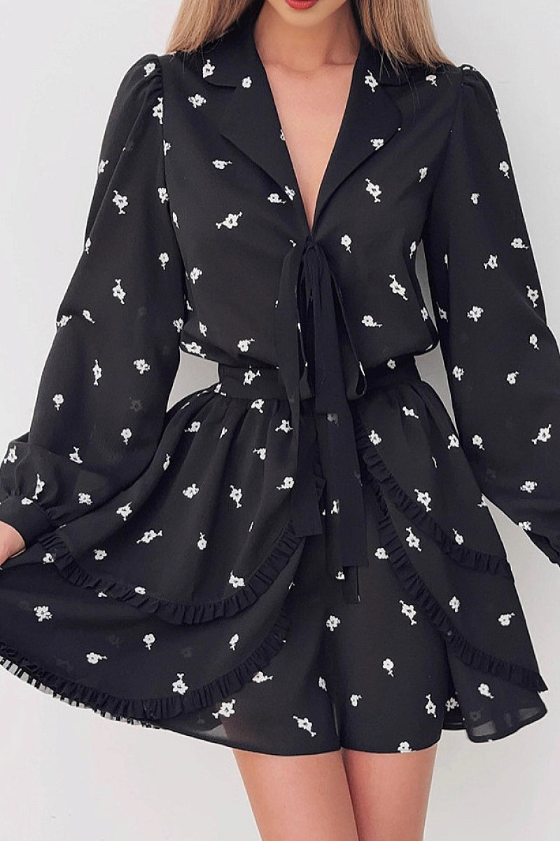 French Ruffle Floral Chiffon Dress for Women